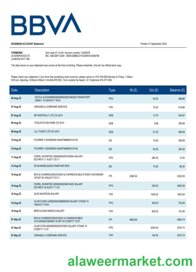 BBVA Bank organization statement Word and PDF template